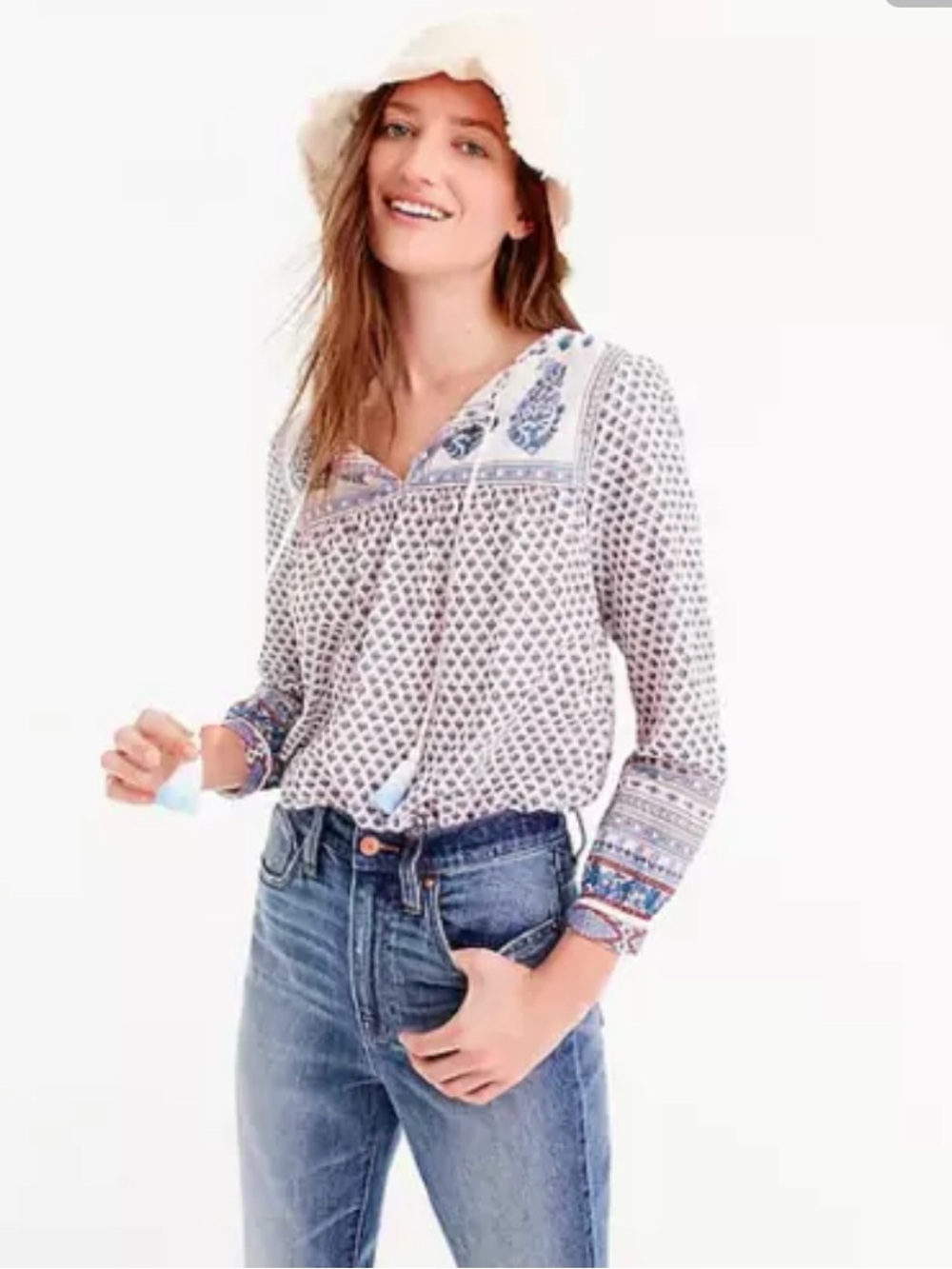J. Crew White and Blue Printed Peasant Blouse